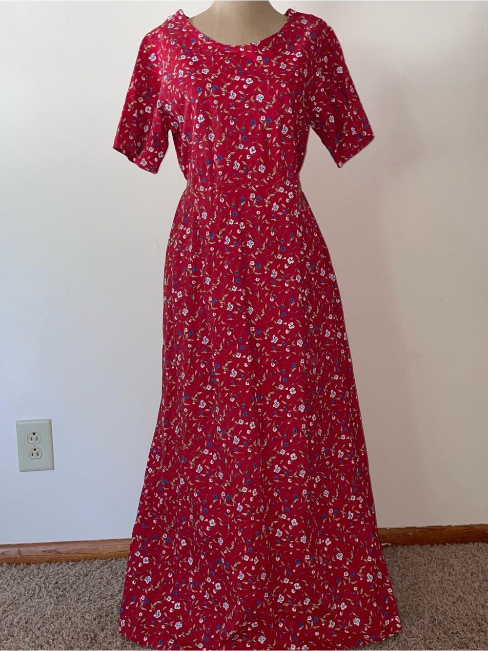 Coldwater Creek Red Floral Maxi Dress waist-tie 100%‎ cotton VNTGE
